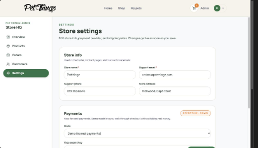 Petthingz admin settings screenshot