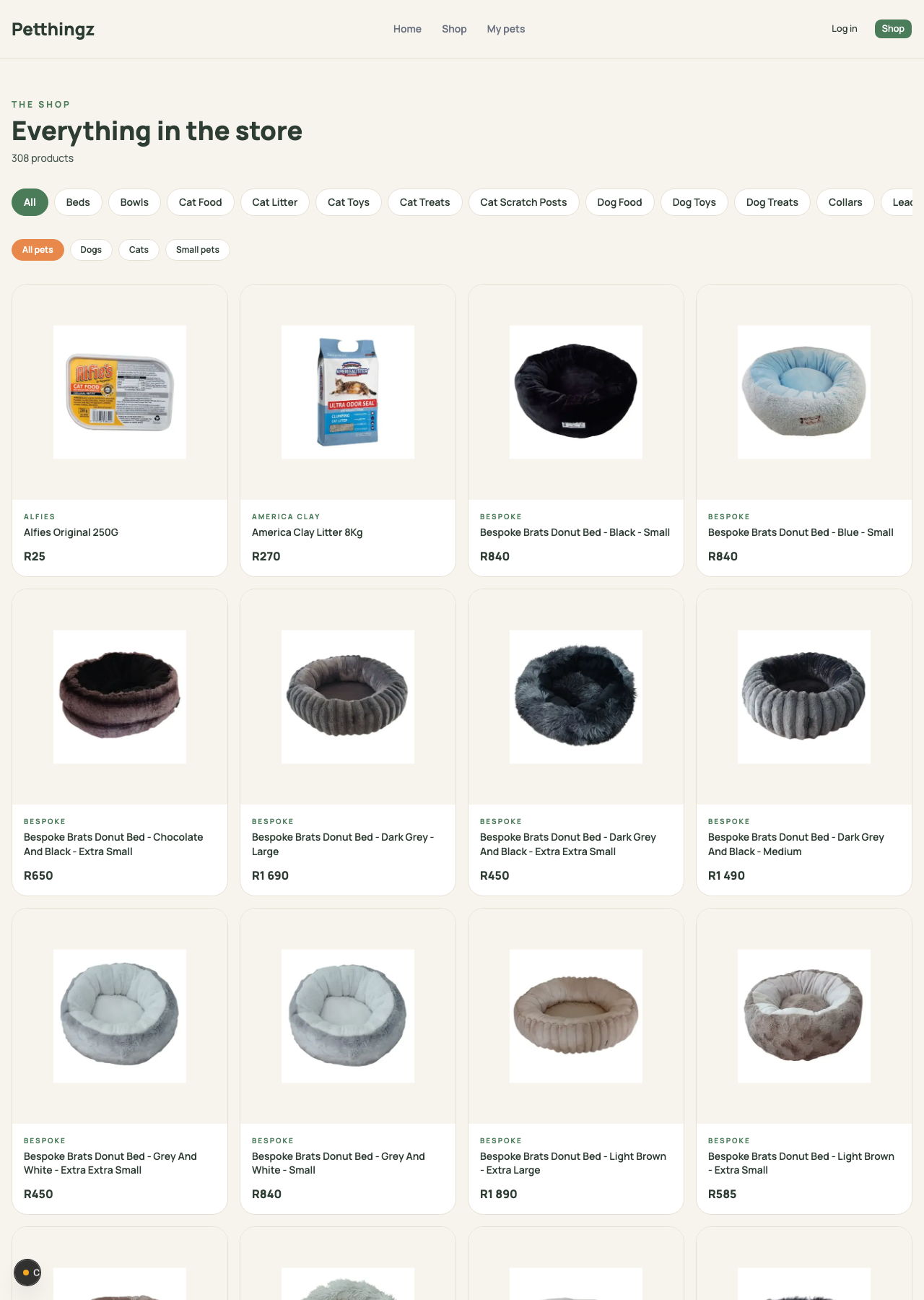 Petthingz shop catalogue screenshot